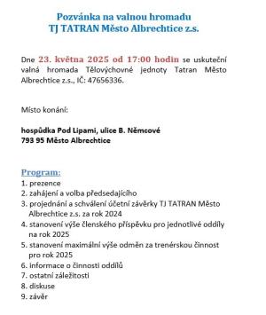 Pozvánka na valnou hromadu TJ TATRAN Město Albrechtice z.s.